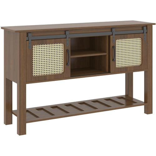 AECOJOY Buffet Cabinet, Coffee Bar Storage Cabinet, 46'' Coffee Bar Table with Rattan Sliding Barn Door, Adjustable Shelves and Bottom Open Shelf