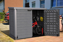 Load image into Gallery viewer, Duramax StoreAway 1200L Plastic Garden Shed/ Flat Lid,Outdoor Storage Shed,Wheelie Bin Hideaways,Wheelie bin box,Durable Construction,Ideal for Bikes,BBQs &amp; 2x 240L Bins,145x85x125 cm,Brown