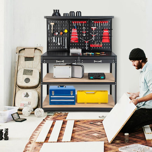 Établi Atelier Garage avec Étagères et Tiroirs Panneaux Perforés Table de Travail Cadre en Métal avec 25 Porte-outils 121 x 61 x 156 cm Noir -