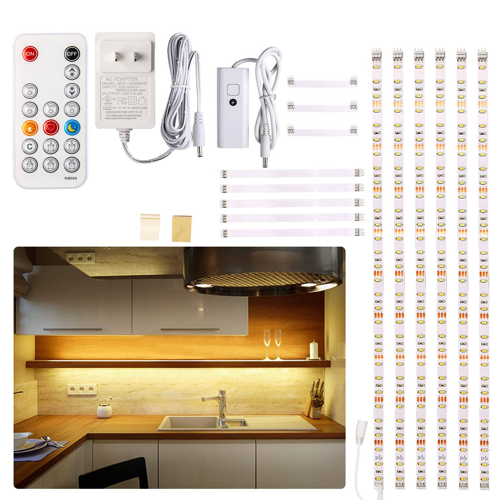 WOBANE Under Cabinet LED Lighting Kit, 6 Pcs LED Strip Lights with Remote Control Dimmer and Adapter, Dimmable for Kitchen