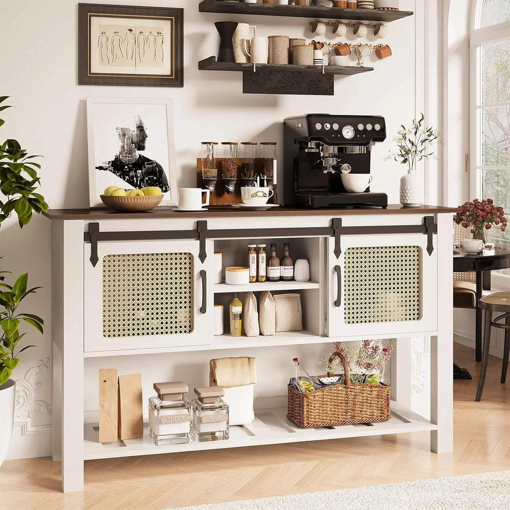 AECOJOY Buffet Cabinet, Coffee Bar Storage Cabinet, 46'' Coffee Bar Table with Rattan Sliding Barn Door, Adjustable Shelves and Bottom Open Shelf