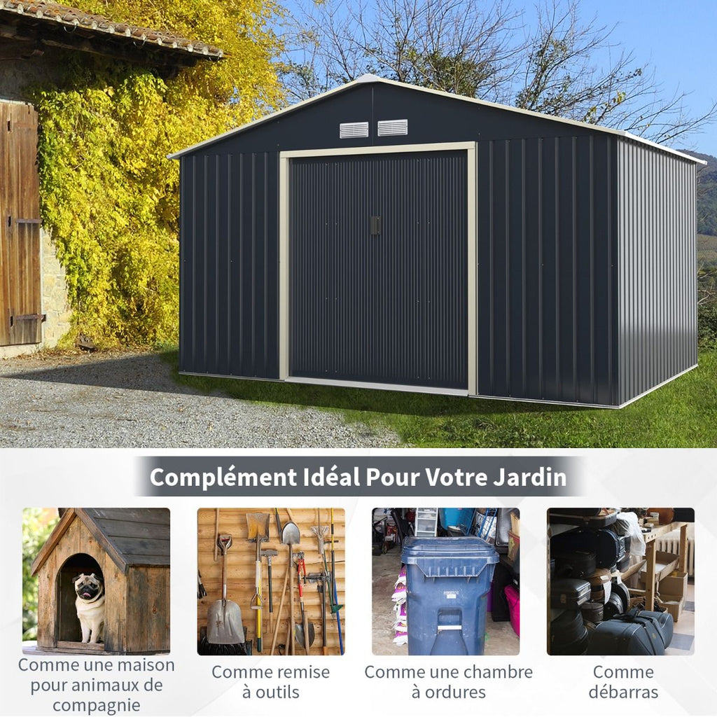 Abri de Jardin en Métal 8,67 340 x 255 x 210 cm avec 2 Portes Coulissantes Verrouillables 4 Trous d’Aération Gris pour Vélo -