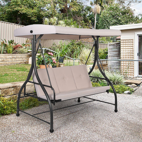 Balancelle d'Extérieur Convertible Jardin Porche Avec Sièges à Coussins Auvent Réglable et Cadre en Métal Enduit Hamac 3 Places Beige -