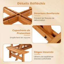 Load image into Gallery viewer, Ensemble Table de Pique-Nique en Bois pour 2 à 8 Personnes Set Table et Banc Circulaire avec 4 Bancs Intégrés Trou de Parasol de 5cm Marron/Jaune -