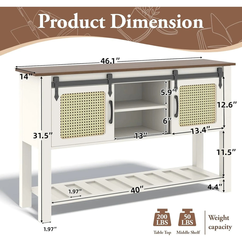 AECOJOY Buffet Cabinet, Coffee Bar Storage Cabinet, 46'' Coffee Bar Table with Rattan Sliding Barn Door, Adjustable Shelves and Bottom Open Shelf