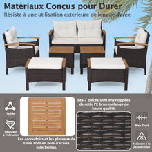 Load image into Gallery viewer, Ensemble de Canapés de Patio en Rotin PE 7 Pièces avec Coussins d'Assise et de Dossier 2 Poufs 2 Tables Basses Plateau de Table -