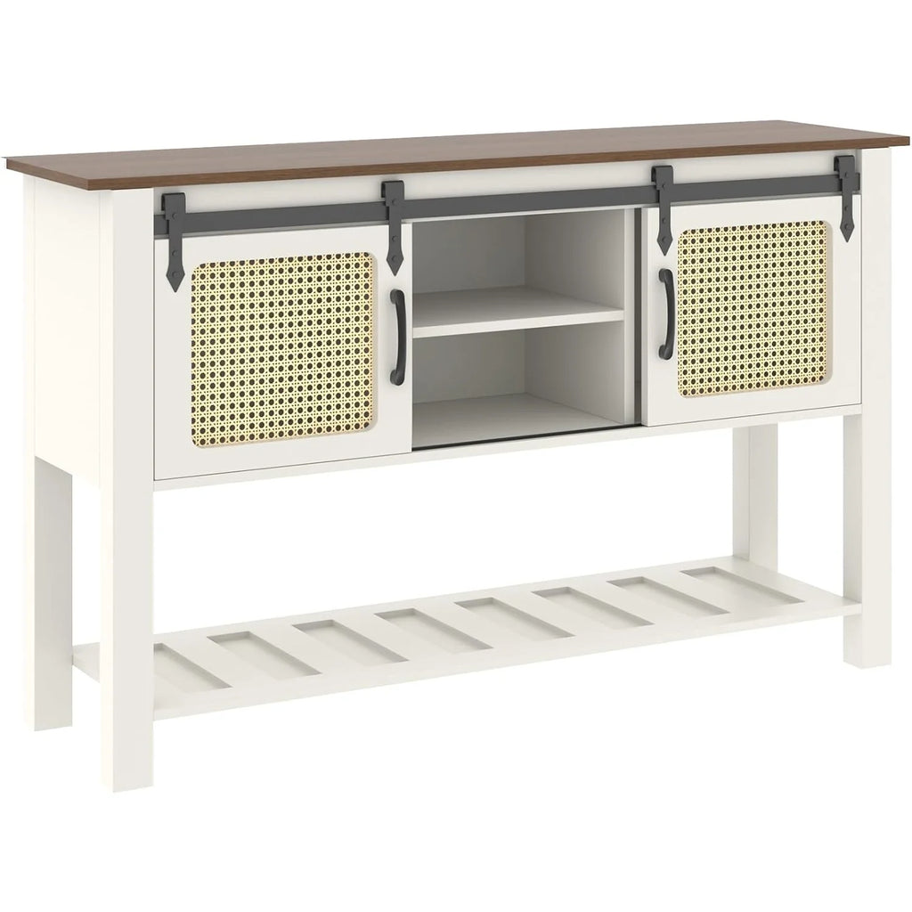 AECOJOY Buffet Cabinet, Coffee Bar Storage Cabinet, 46'' Coffee Bar Table with Rattan Sliding Barn Door, Adjustable Shelves and Bottom Open Shelf