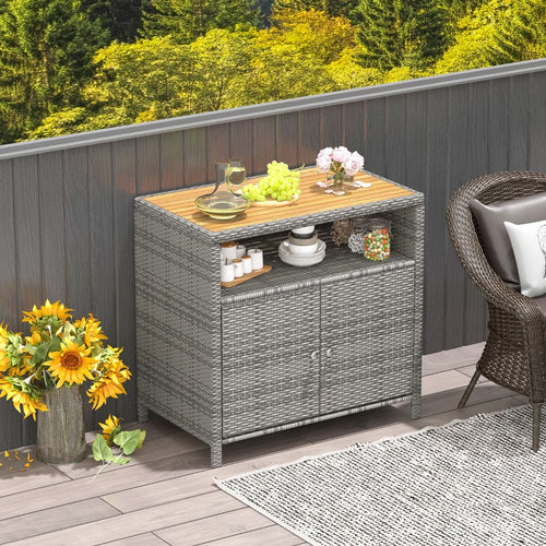 Armoire de Rangement Exterieur en Rotin Armoire de Jardin avec Plateau en Bois d'Acacia Compartiment Ouvert Buffet à 2 Portes -