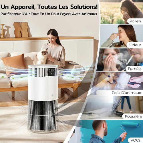 Amicura P2 Purificateur d'air Hepa pour Animaux et Personnes Allergiques, 843 m³/h CADR Contre les Poils d'animaux, Filtre Hospitalier H13 Hepa, 450 m³/h de Particules, Contrôle par App