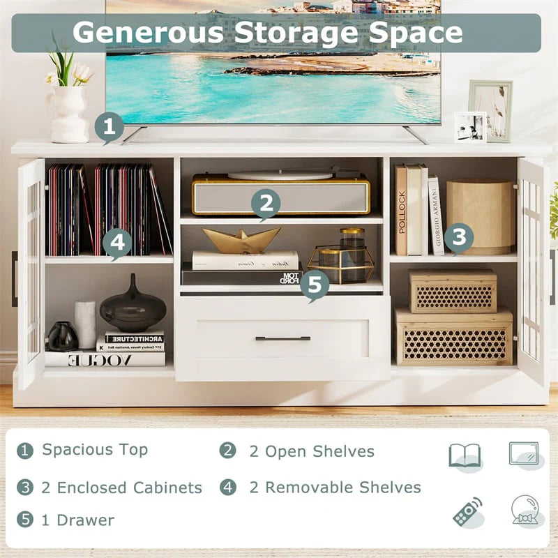 62" Farmhouse TV Stand for 70 Inch TVs, Tall Media Console Table with 2 Glass Doors, Cubbies & Drawer, Storage Cabinet for Living Room