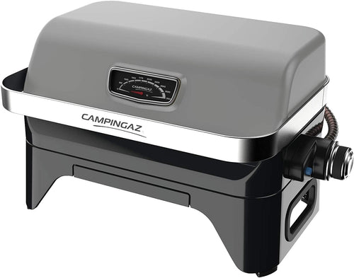 Attitude2go,Barbecue de Table à Faible fumée,BBQ Portable,à Couvercle,thermomètre,et Grille en Fonte,Alimentation : Cartouche de gaz CV 470 Plus,Gris