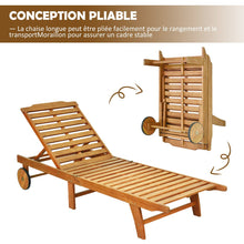 Load image into Gallery viewer, Chaise Longue Pliable en Bois avec 2 Roues et un Coussin Amovible Dossier Rglable Capacit Portante 160KG Idal pour L檈xtrieur -