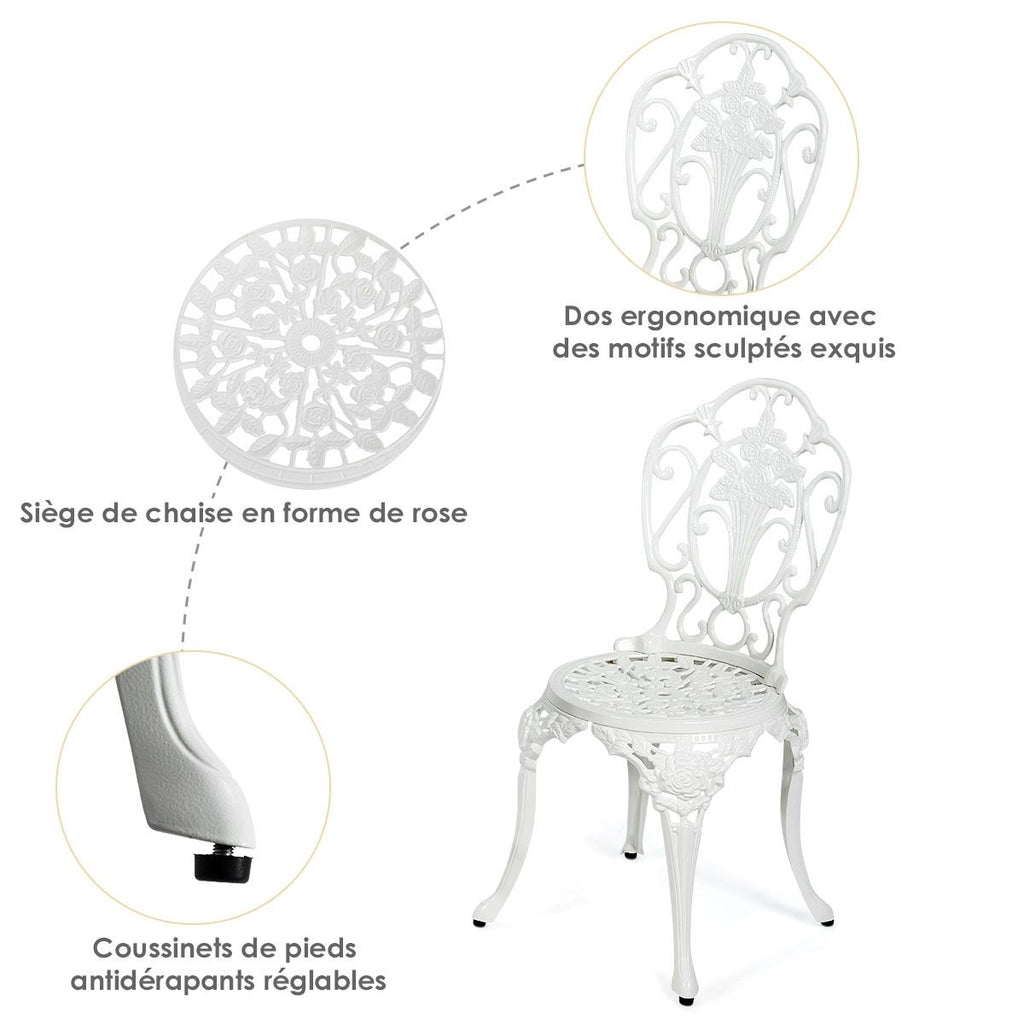 Ensemble Table et 2 Chaises pour Jardin en Aluminium en Forme de Rose Blanc Résistant aux Intempéries -