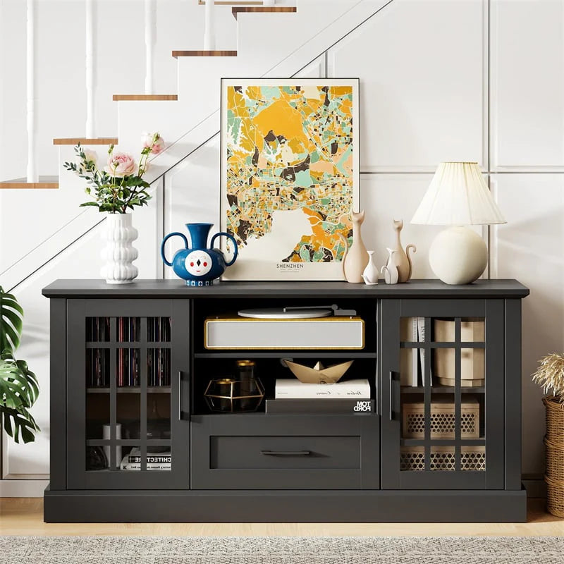62" Farmhouse TV Stand for 70 Inch TVs, Tall Media Console Table with 2 Glass Doors, Cubbies & Drawer, Storage Cabinet for Living Room