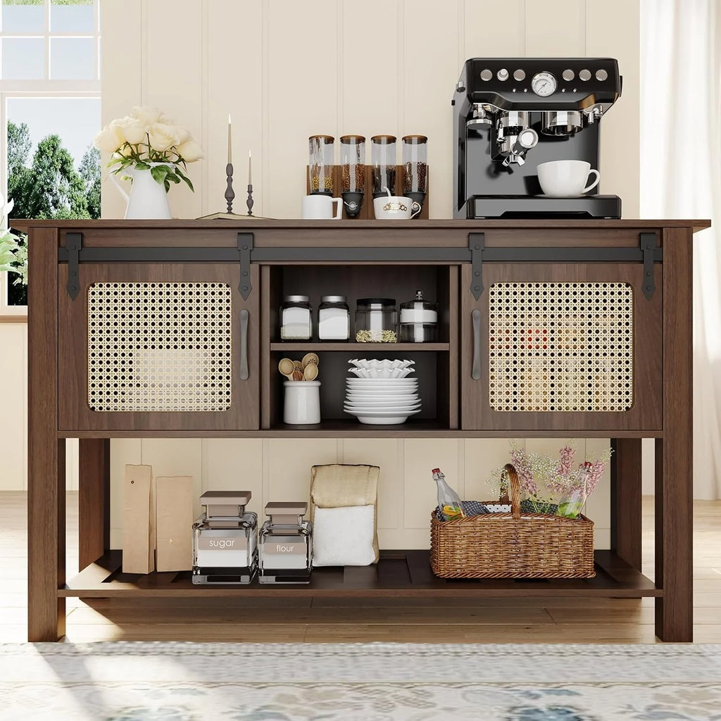 AECOJOY Buffet Cabinet, Coffee Bar Storage Cabinet, 46'' Coffee Bar Table with Rattan Sliding Barn Door, Adjustable Shelves and Bottom Open Shelf