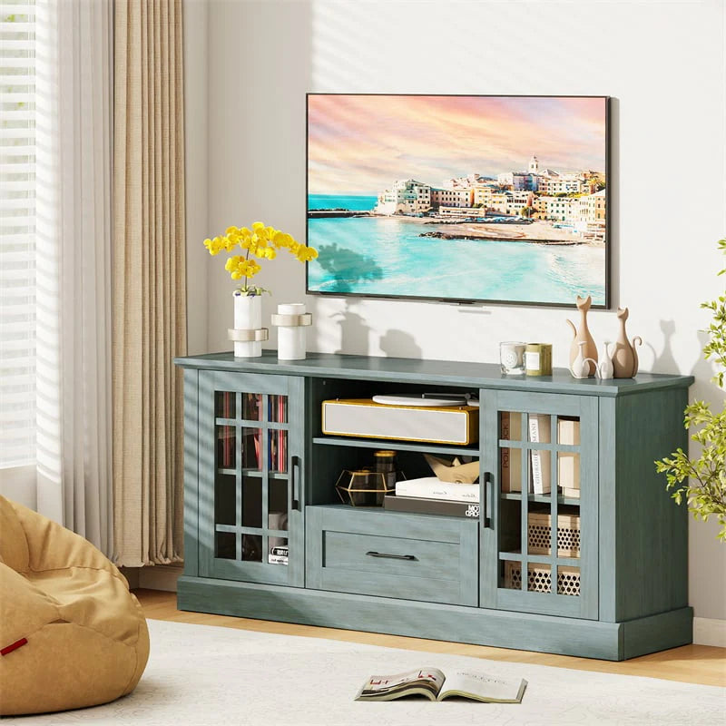 62" Farmhouse TV Stand for 70 Inch TVs, Tall Media Console Table with 2 Glass Doors, Cubbies & Drawer, Storage Cabinet for Living Room