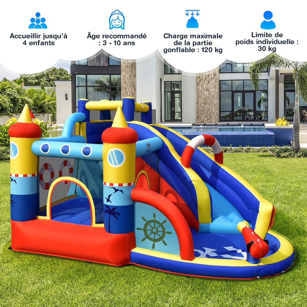 Ch芒teau Gonflable Style Bateau avec Toboggan Incurv Zone de Saut Mur d'Escalade avec Gonfleur 450 W -