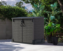 Load image into Gallery viewer, Duramax StoreAway 1200L Plastic Garden Shed/ Flat Lid,Outdoor Storage Shed,Wheelie Bin Hideaways,Wheelie bin box,Durable Construction,Ideal for Bikes,BBQs &amp; 2x 240L Bins,145x85x125 cm,Brown