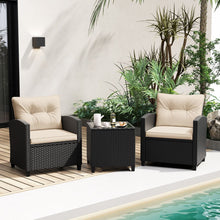 Load image into Gallery viewer, Ensemble de Meubles 3 Pices de Patio en Rotin Charge 180KG Salon de Jardin 2 Fauteuils Table Basse avec Plateau Noir/Beige/Blanc -