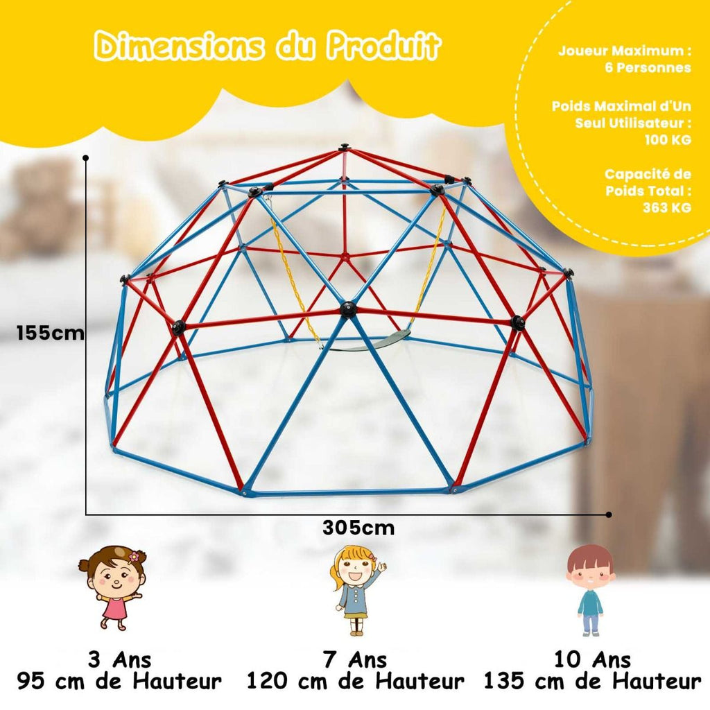 Dôme d'Escalade de 305cm avec Balançoire Cage d'Escalade en Métal Charge Max 363 kg Intérieur Extérieur pour Enfants de 3-10 Ans Jaune/Rouge -