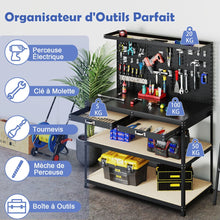 Load image into Gallery viewer, tabli de Bricolage 121 x 61 cm Table de Travail en Mtal de 230 kg avec 3 Panneaux Perfors 24 Accessoires de Suspension Noir/Bleu Marine -