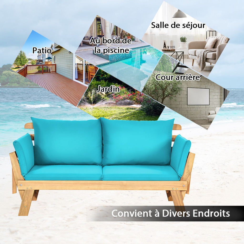 Chaise Longue Convertible avec Coussin Canapé de Jardin 2 en 1 en Bois d’Acacia avec Accoudoir Réglable pour Patio Piscine Jardin Blanc/Gris/Bleu/Rouge -