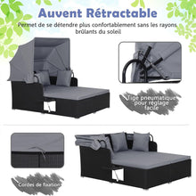 Load image into Gallery viewer, Chaise Longue à 2 Places en Rotin avec Auvent Rétractable Bain de Soleil avec Panneaux Latéraux Pliables Charge 360KG Beige/Gris -