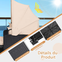 Load image into Gallery viewer, Chaise Longue à 2 Places en Rotin avec Auvent Rétractable Bain de Soleil avec Panneaux Latéraux Pliables Charge 360KG Beige/Gris -