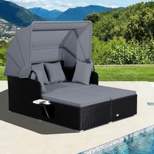Load image into Gallery viewer, Chaise Longue à 2 Places en Rotin avec Auvent Rétractable Bain de Soleil avec Panneaux Latéraux Pliables Charge 360KG Beige/Gris -