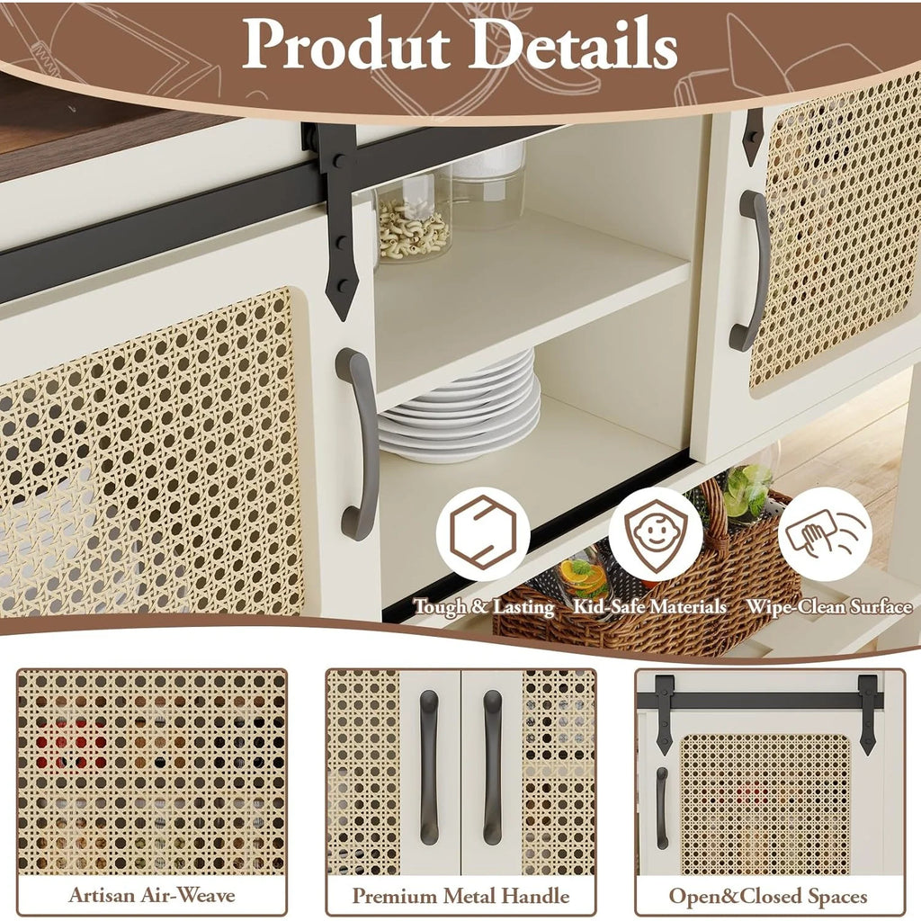 AECOJOY Buffet Cabinet, Coffee Bar Storage Cabinet, 46'' Coffee Bar Table with Rattan Sliding Barn Door, Adjustable Shelves and Bottom Open Shelf