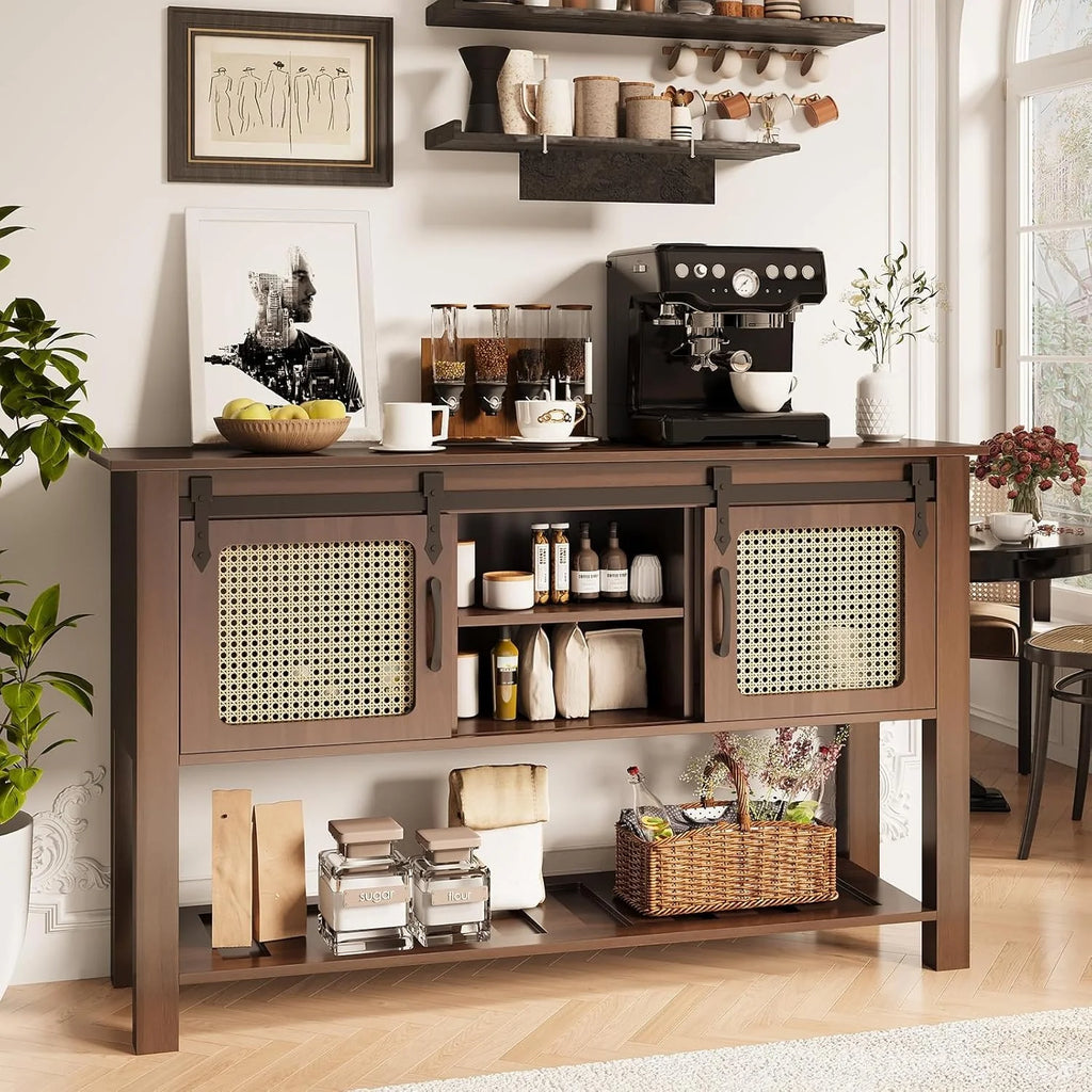 AECOJOY Buffet Cabinet, Coffee Bar Storage Cabinet, 46'' Coffee Bar Table with Rattan Sliding Barn Door, Adjustable Shelves and Bottom Open Shelf