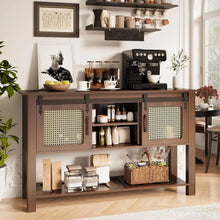 Load image into Gallery viewer, AECOJOY Buffet Cabinet, Coffee Bar Storage Cabinet, 46'' Coffee Bar Table with Rattan Sliding Barn Door, Adjustable Shelves and Bottom Open Shelf