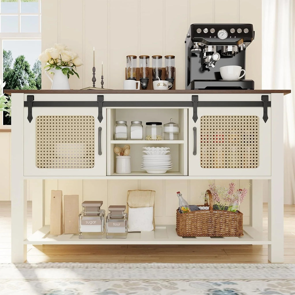 AECOJOY Buffet Cabinet, Coffee Bar Storage Cabinet, 46'' Coffee Bar Table with Rattan Sliding Barn Door, Adjustable Shelves and Bottom Open Shelf