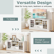 Load image into Gallery viewer, 62" Farmhouse TV Stand for 70 Inch TVs, Tall Media Console Table with 2 Glass Doors, Cubbies &amp; Drawer, Storage Cabinet for Living Room