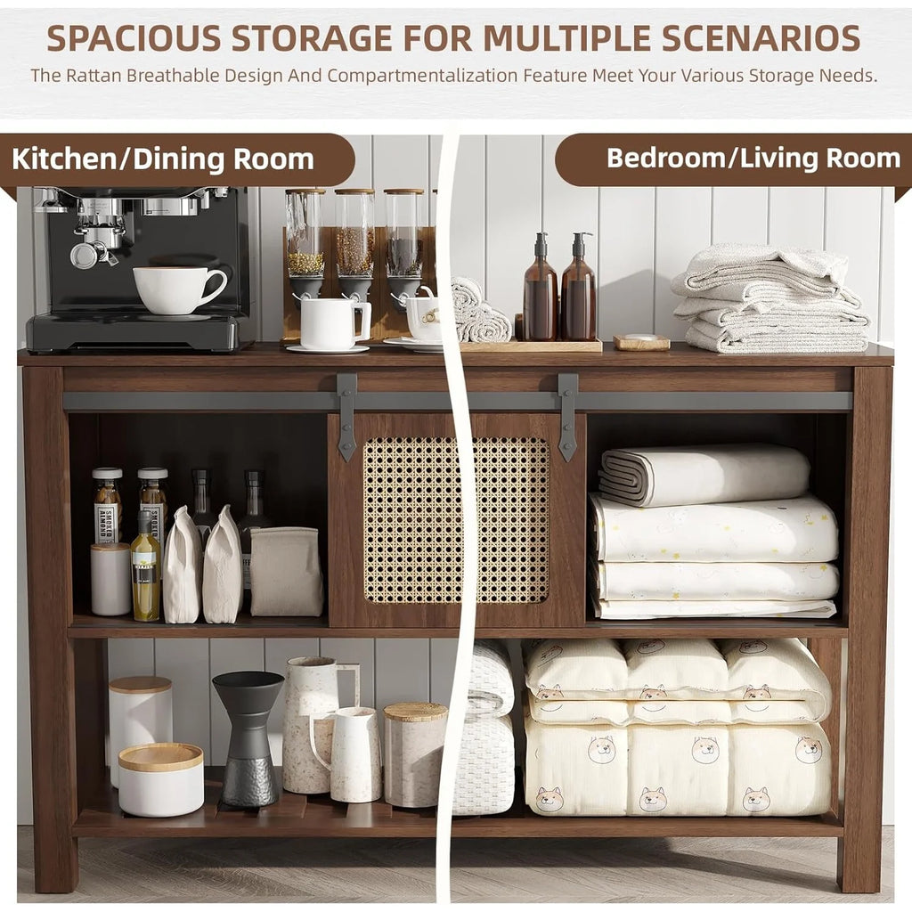 AECOJOY Buffet Cabinet, Coffee Bar Storage Cabinet, 46'' Coffee Bar Table with Rattan Sliding Barn Door, Adjustable Shelves and Bottom Open Shelf