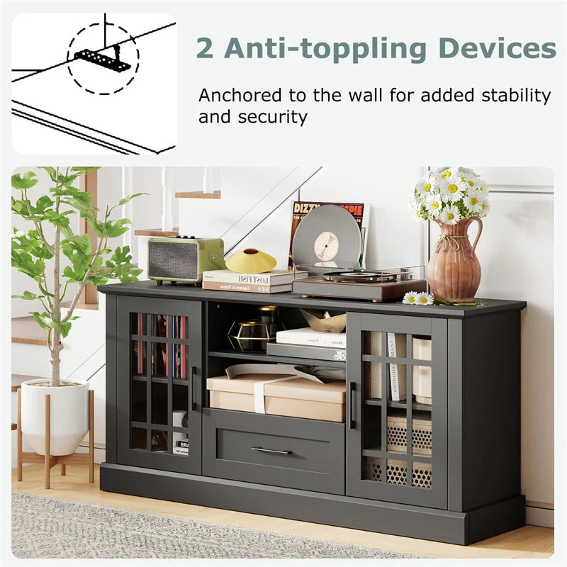 62" Farmhouse TV Stand for 70 Inch TVs, Tall Media Console Table with 2 Glass Doors, Cubbies & Drawer, Storage Cabinet for Living Room